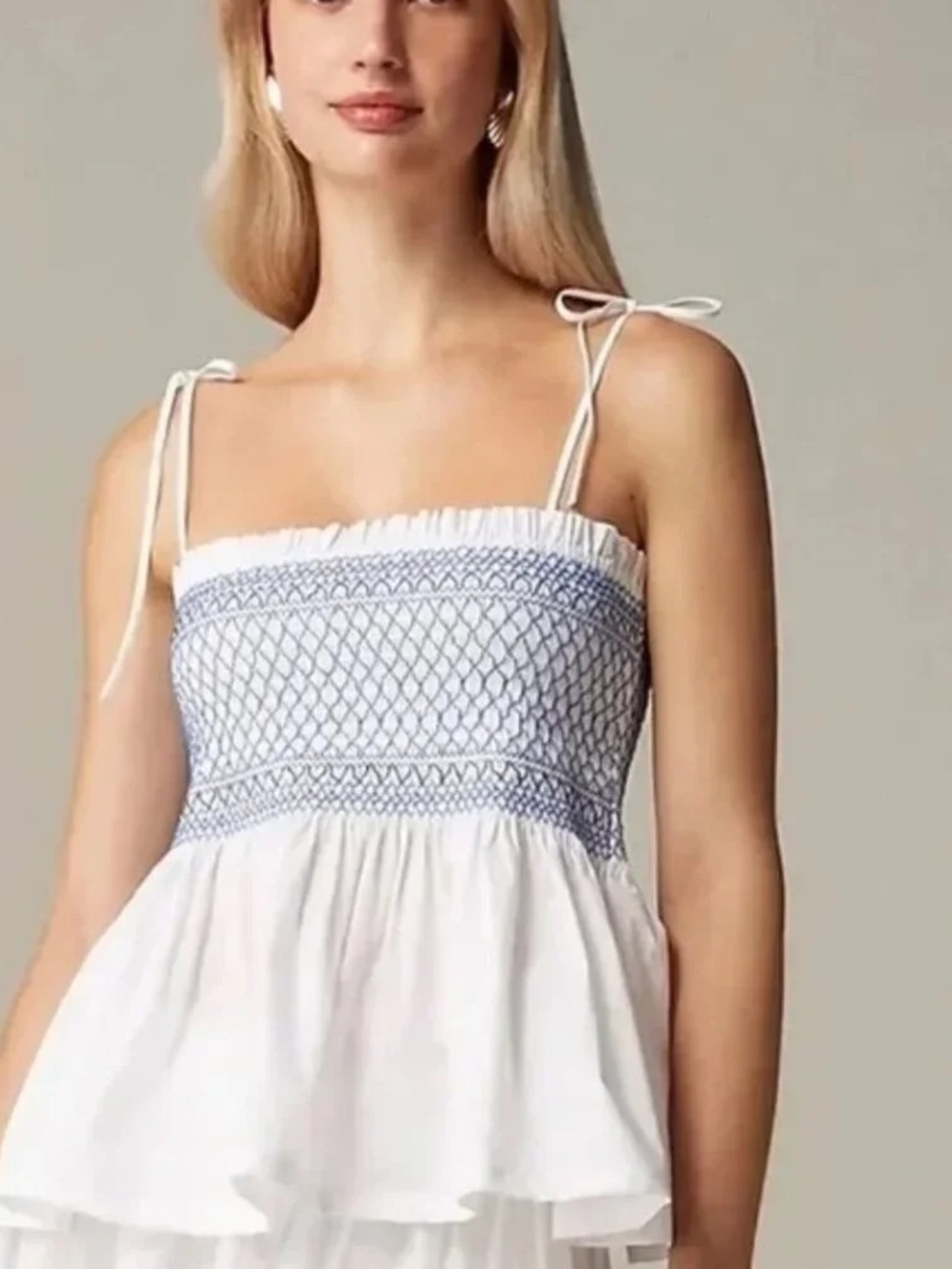 Smocked White Tiered Peplum Tank with Blue Embroidery